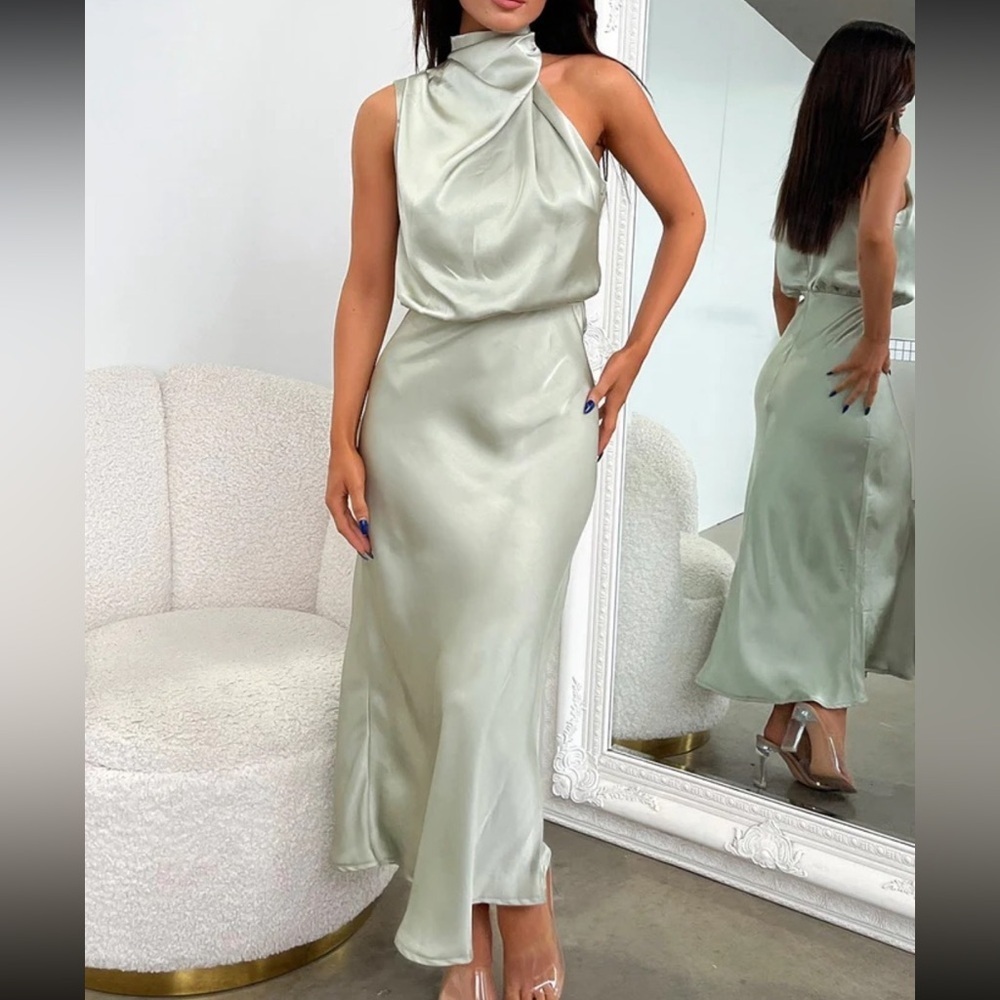 That's So Fetch Sage Green Satin Asymmetrical Neck  Midi Wedding Guest Dress